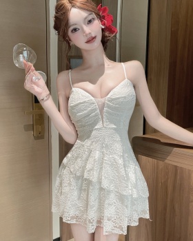 Lace temperament sling sexy pinched waist dress