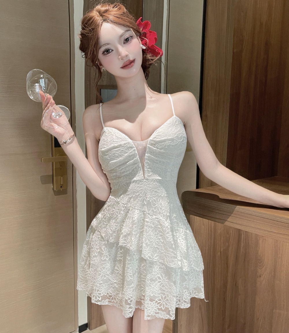 Lace temperament sling sexy pinched waist dress