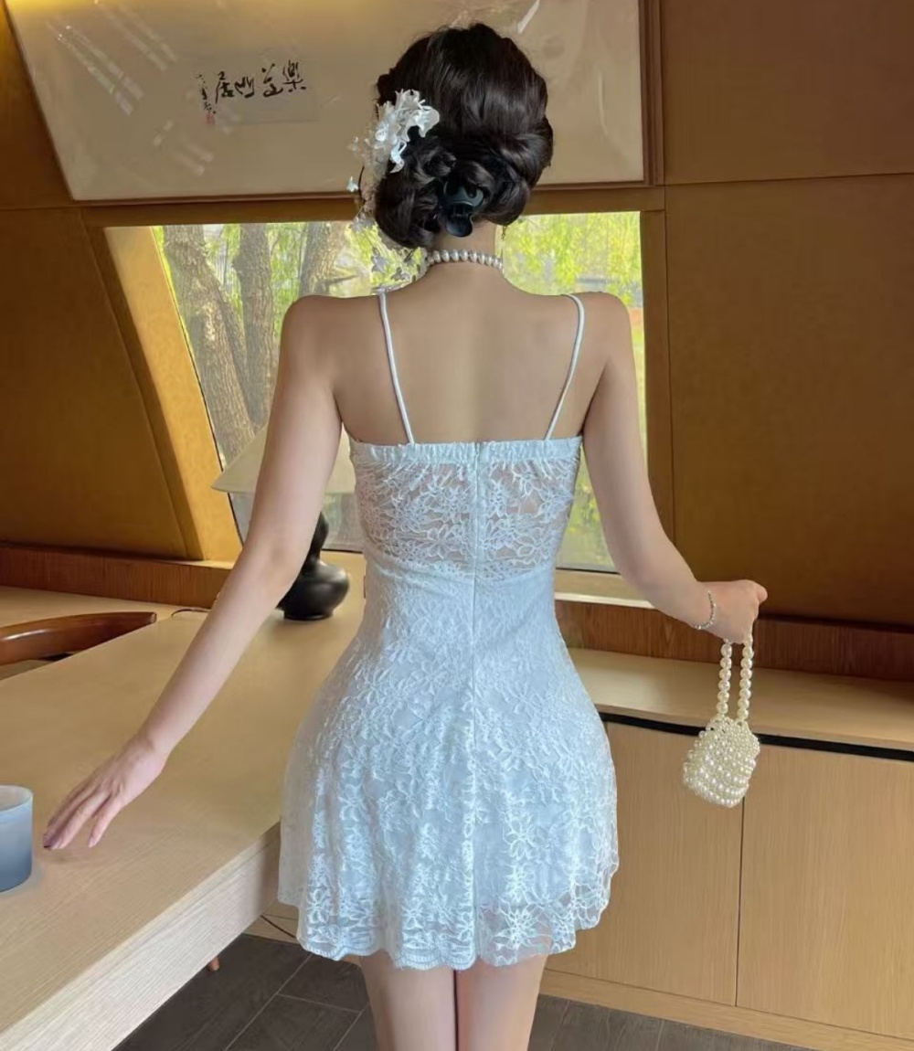 Lace temperament sling sexy pinched waist dress