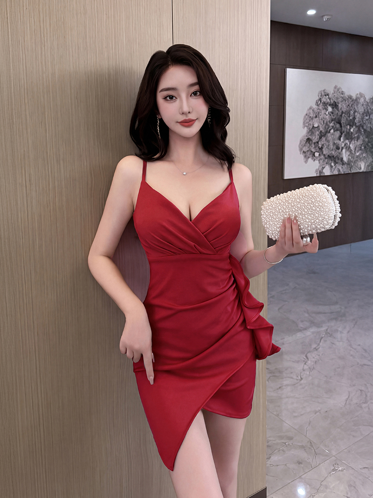Sexy pinched waist slim dress package hip sling T-back