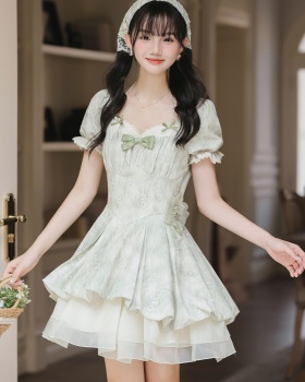 Refreshing jacquard puff sleeve dress lace with headwear