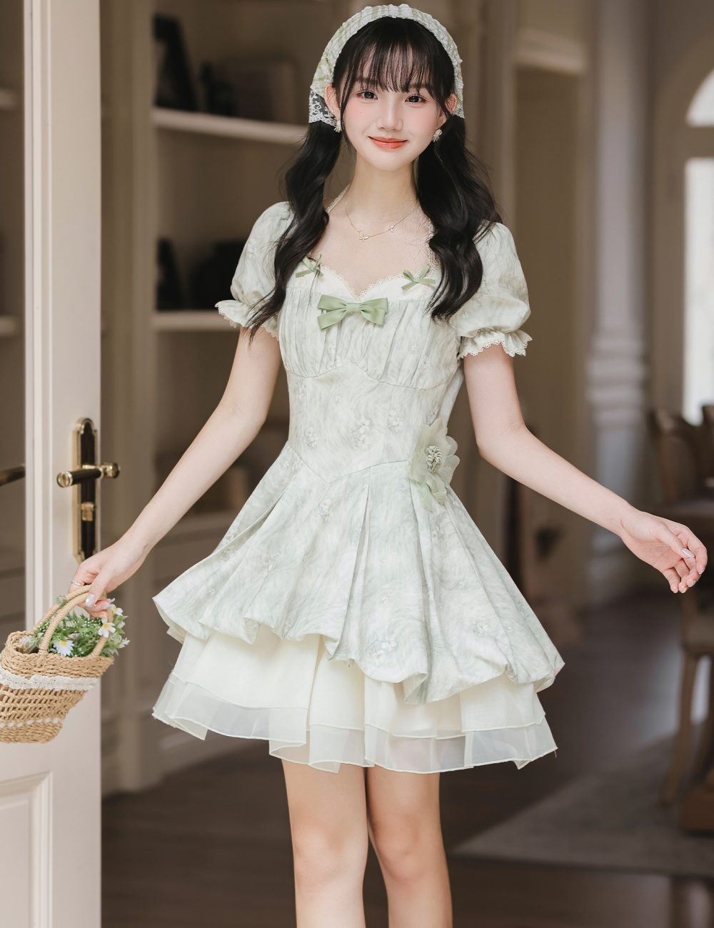 Refreshing jacquard puff sleeve dress lace with headwear