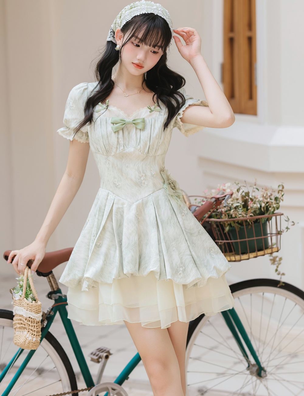 Refreshing jacquard puff sleeve dress lace with headwear