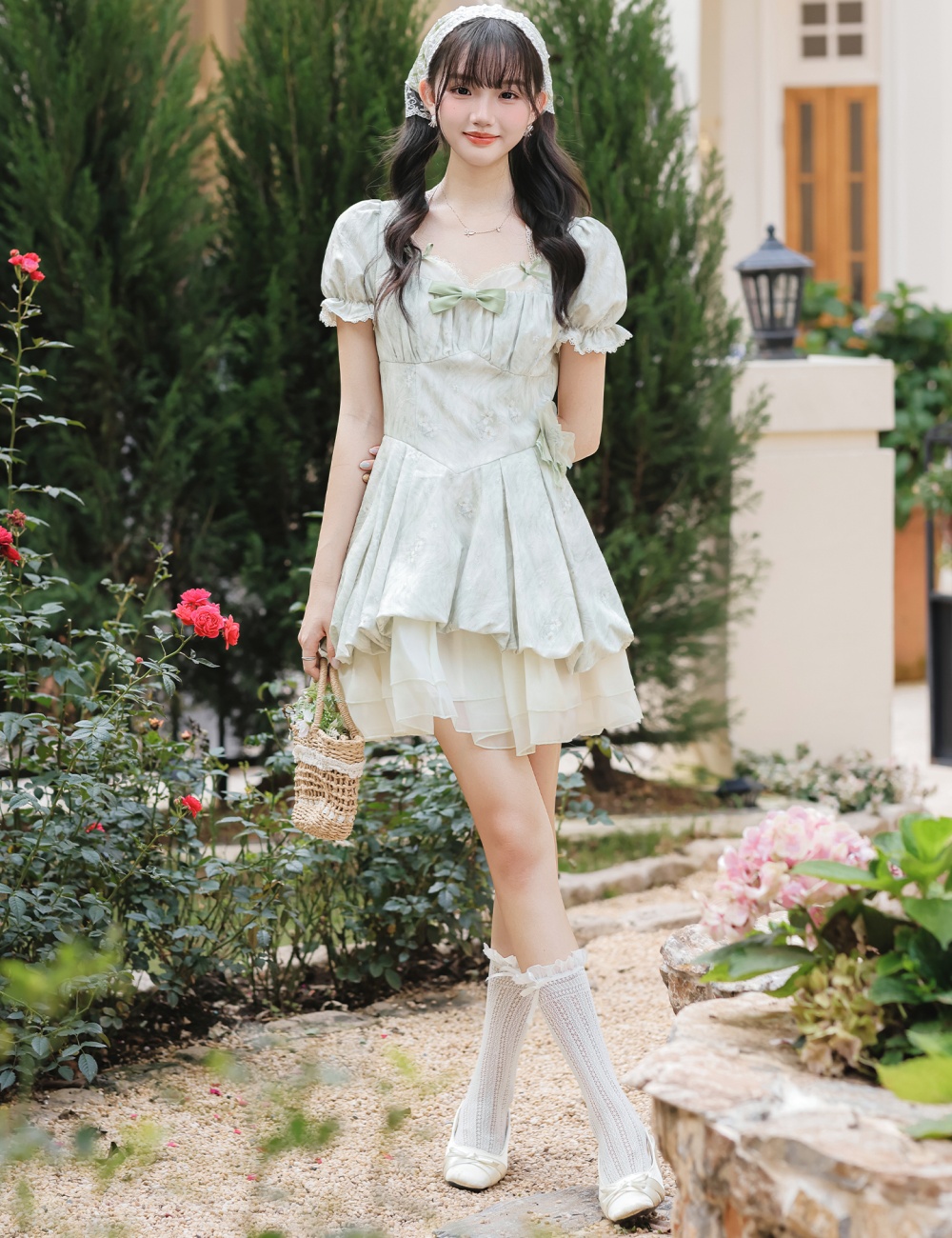 Refreshing jacquard puff sleeve dress lace with headwear