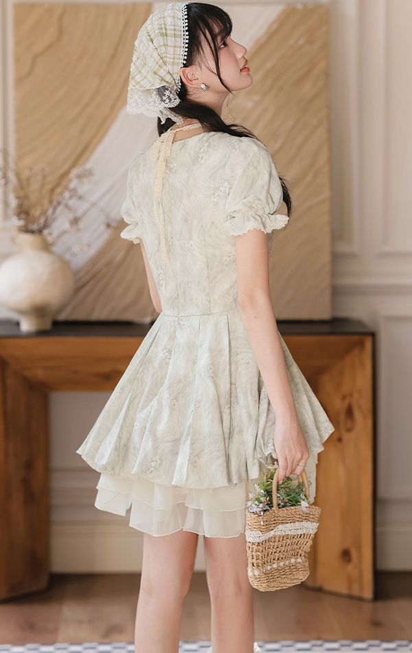Refreshing jacquard puff sleeve dress lace with headwear