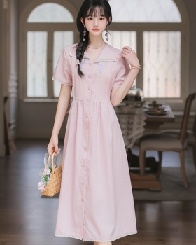 Lapel flax long embroidery purple short sleeve fresh dress
