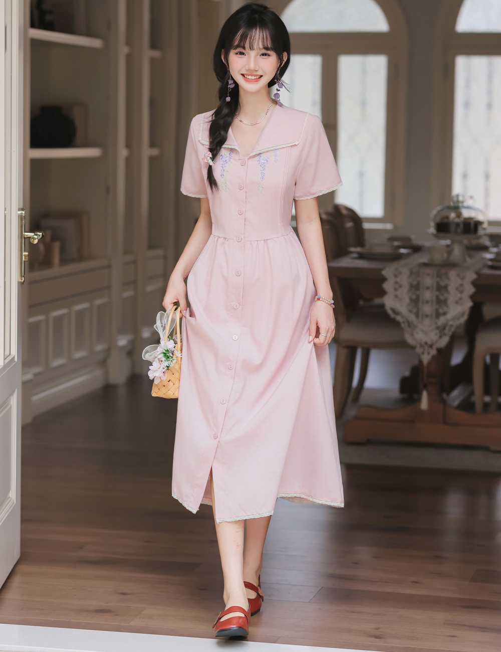 Lapel flax long embroidery purple short sleeve fresh dress