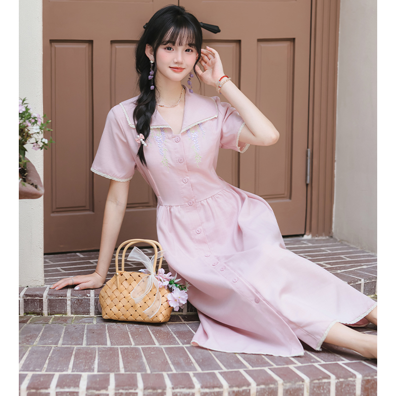 Lapel flax long embroidery purple short sleeve fresh dress