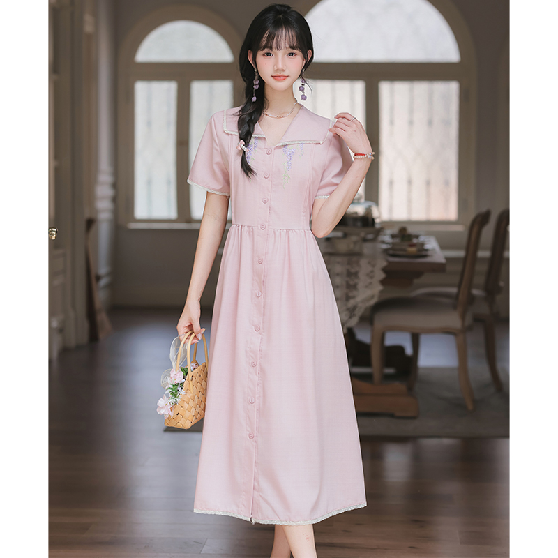 Lapel flax long embroidery purple short sleeve fresh dress