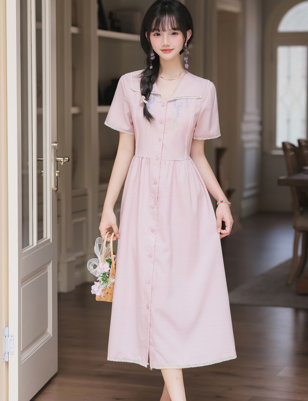 Lapel flax long embroidery purple short sleeve fresh dress