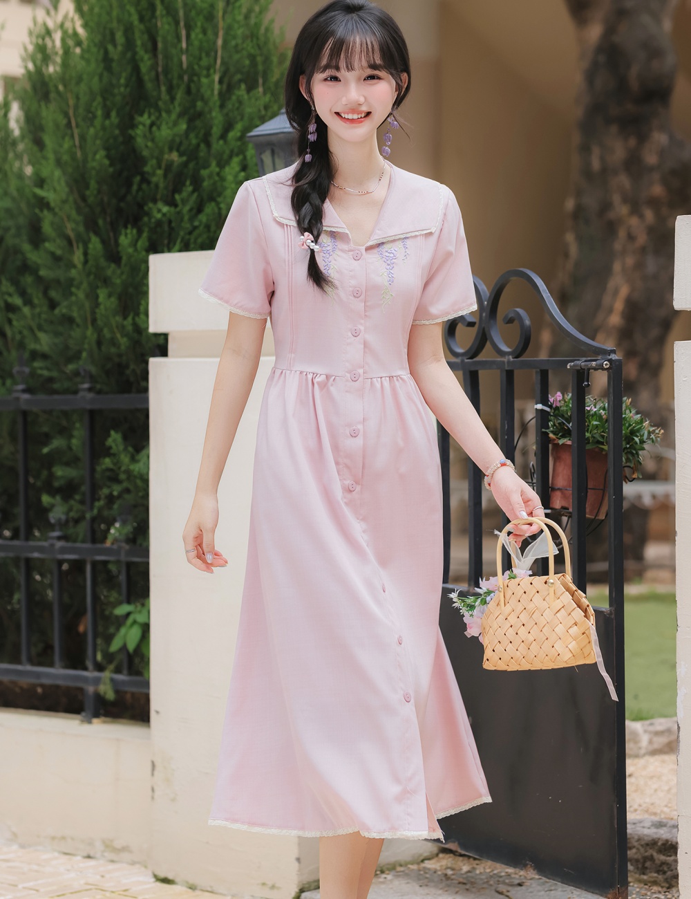 Lapel flax long embroidery purple short sleeve fresh dress