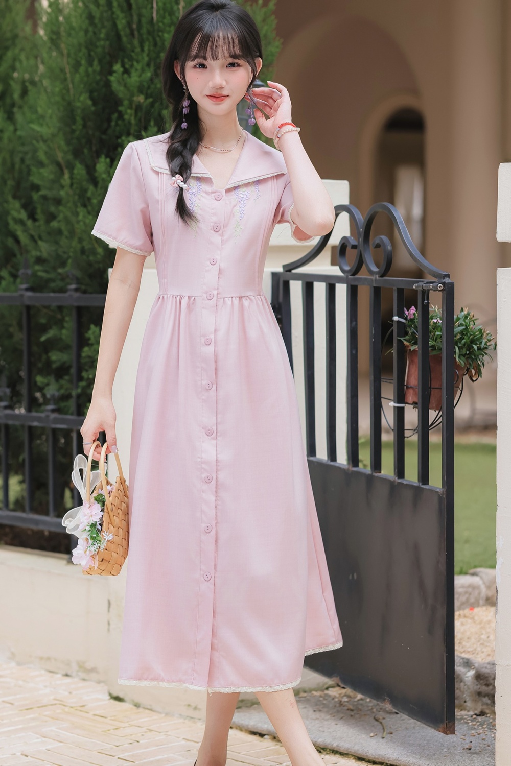 Lapel flax long embroidery purple short sleeve fresh dress