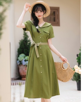 Art green retro summer short sleeve dress for women