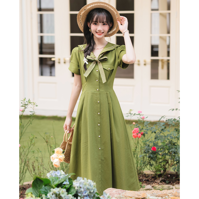 Art green retro summer short sleeve dress for women