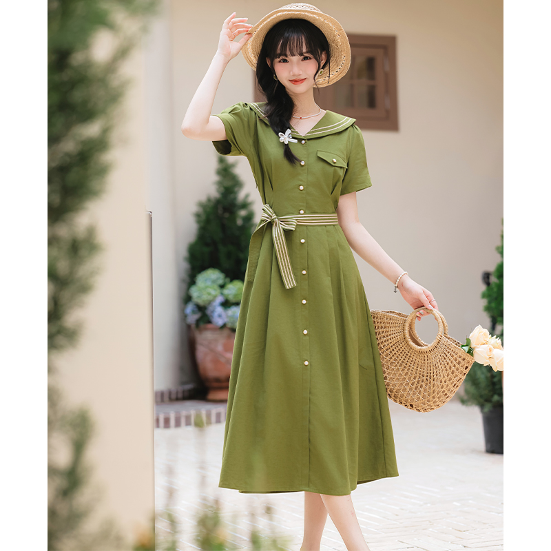 Art green retro summer short sleeve dress for women