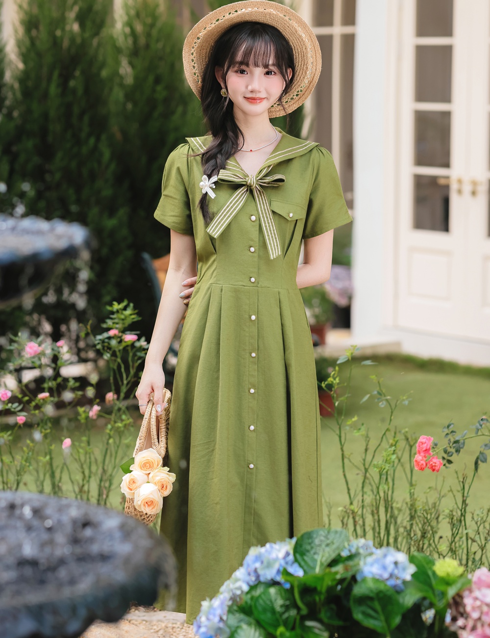 Art green retro summer short sleeve dress for women