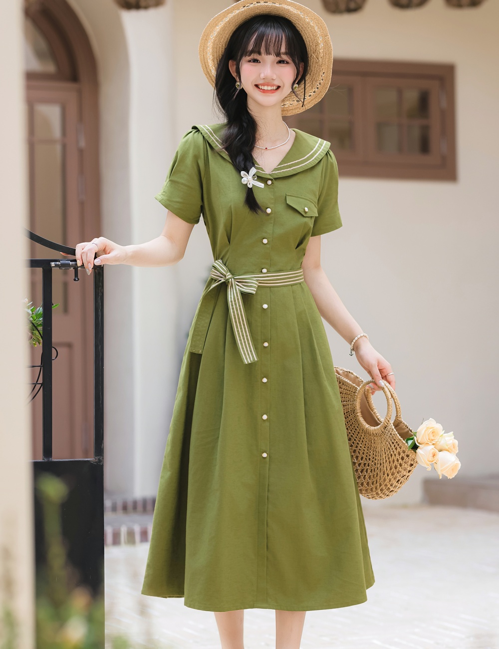 Art green retro summer short sleeve dress for women