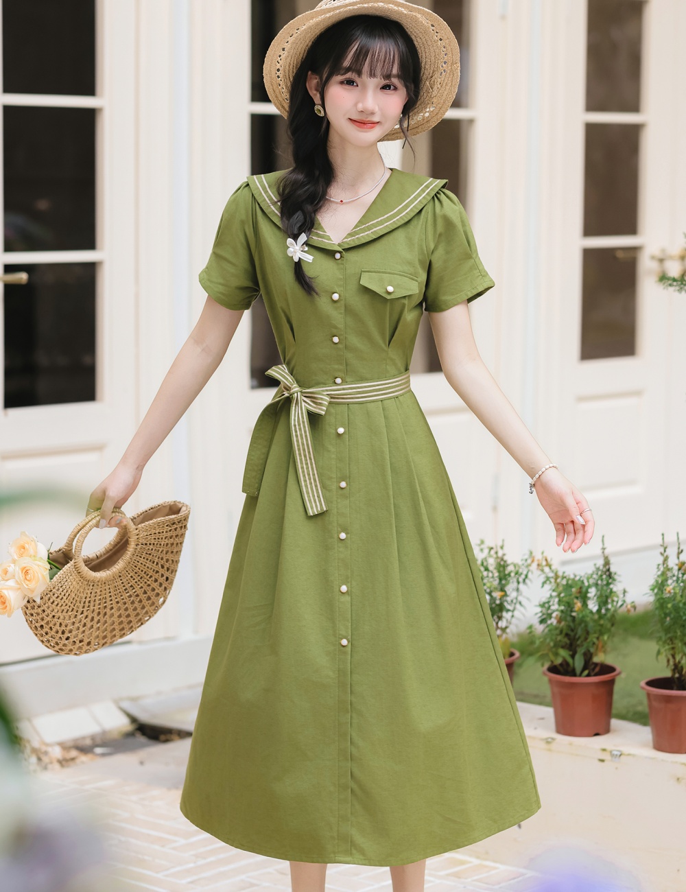 Art green retro summer short sleeve dress for women