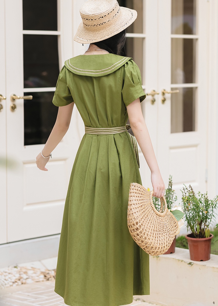 Art green retro summer short sleeve dress for women