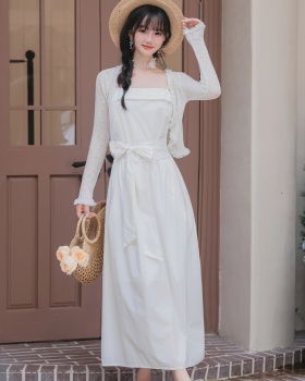 White wrapped chest dress summer long dress 2pcs set