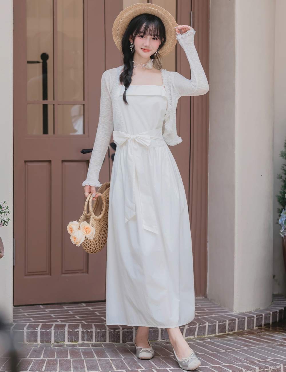 White wrapped chest dress summer long dress 2pcs set