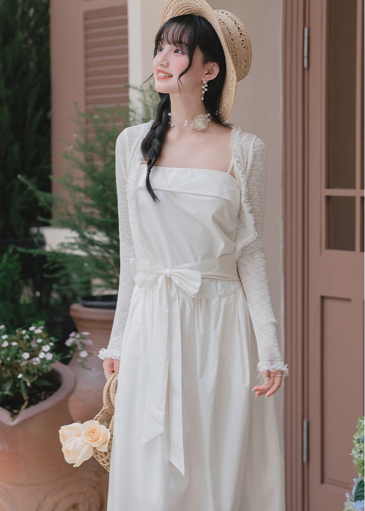 White wrapped chest dress summer long dress 2pcs set