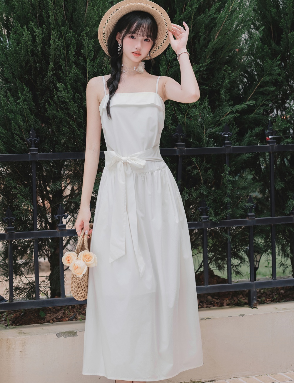 White wrapped chest dress summer long dress 2pcs set