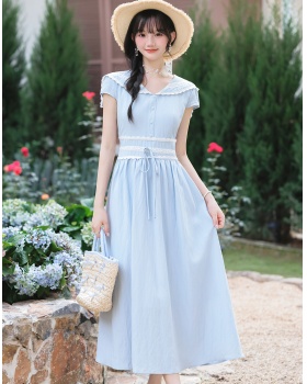 Blue art dress pinched waist summer long dress for women