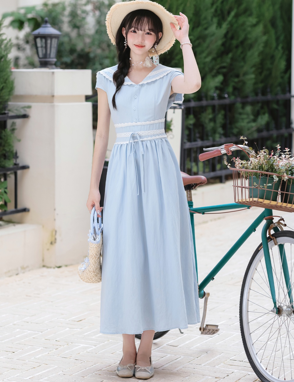 Blue art dress pinched waist summer long dress for women