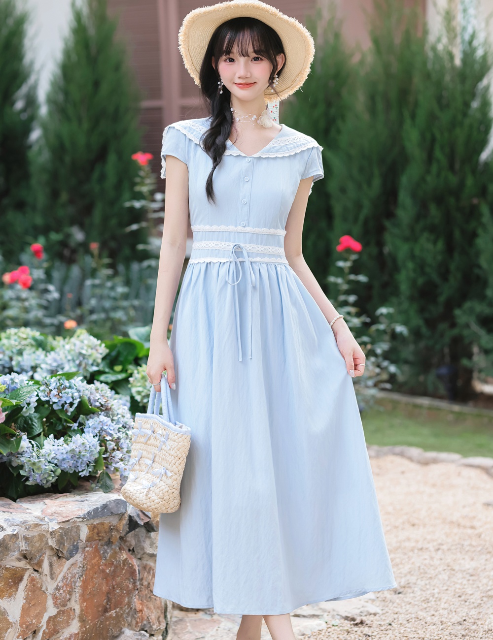 Blue art dress pinched waist summer long dress for women