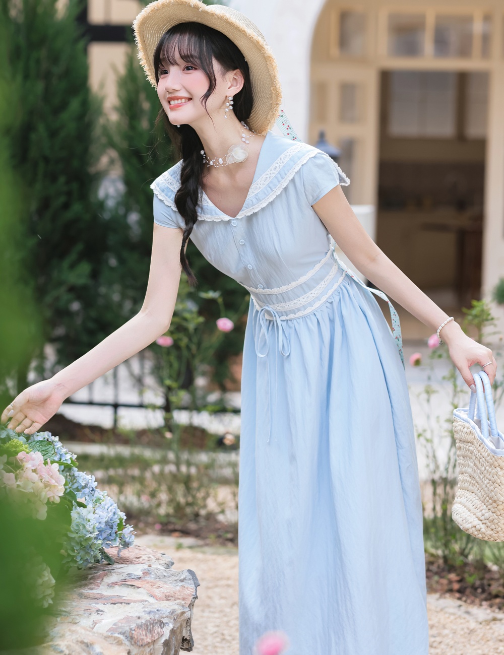 Blue art dress pinched waist summer long dress for women
