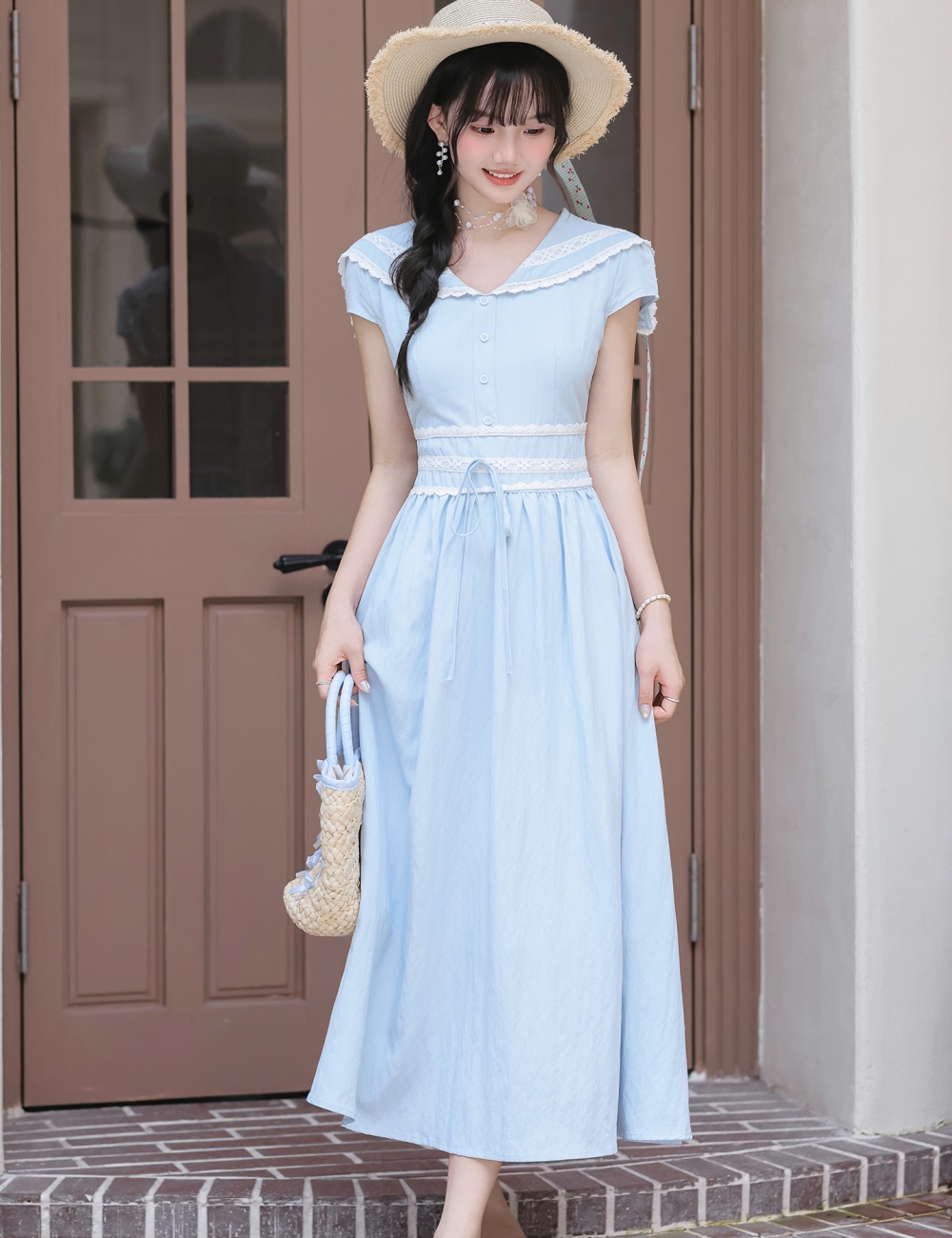 Blue art dress pinched waist summer long dress for women