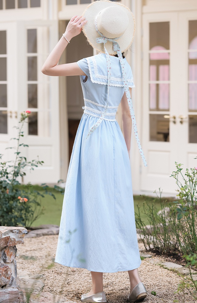 Blue art dress pinched waist summer long dress for women