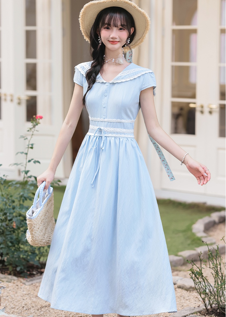 Blue art dress pinched waist summer long dress for women