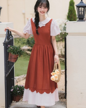Lace art slim pinched waist bandage Pseudo-two dress