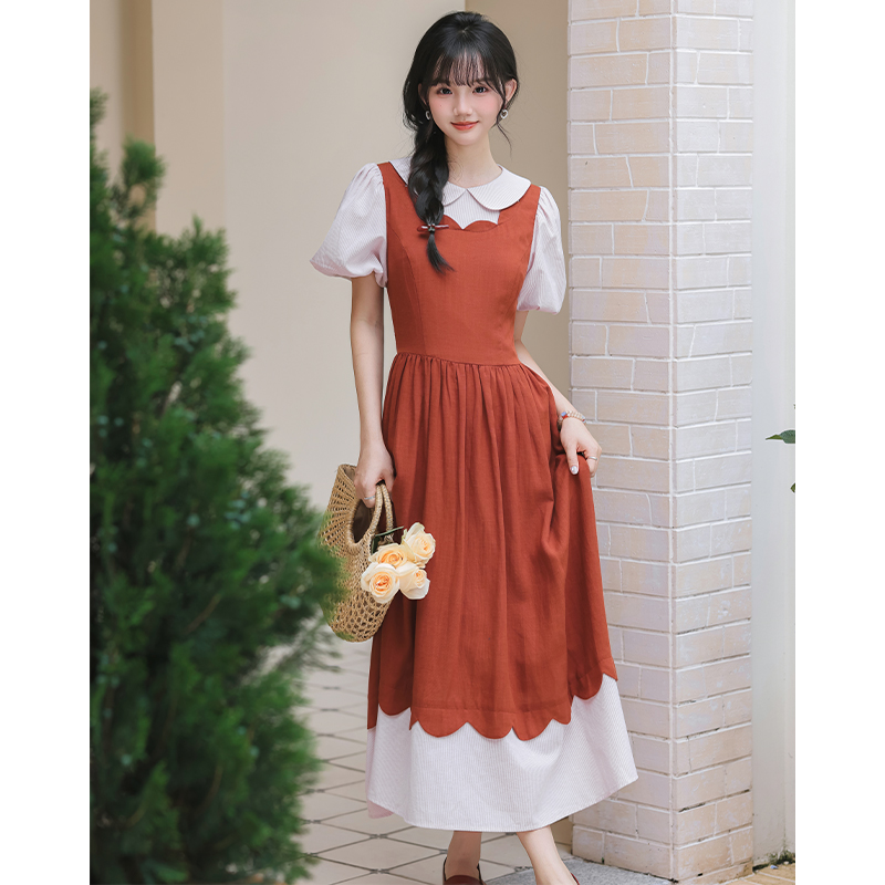 Lace art slim pinched waist bandage Pseudo-two dress
