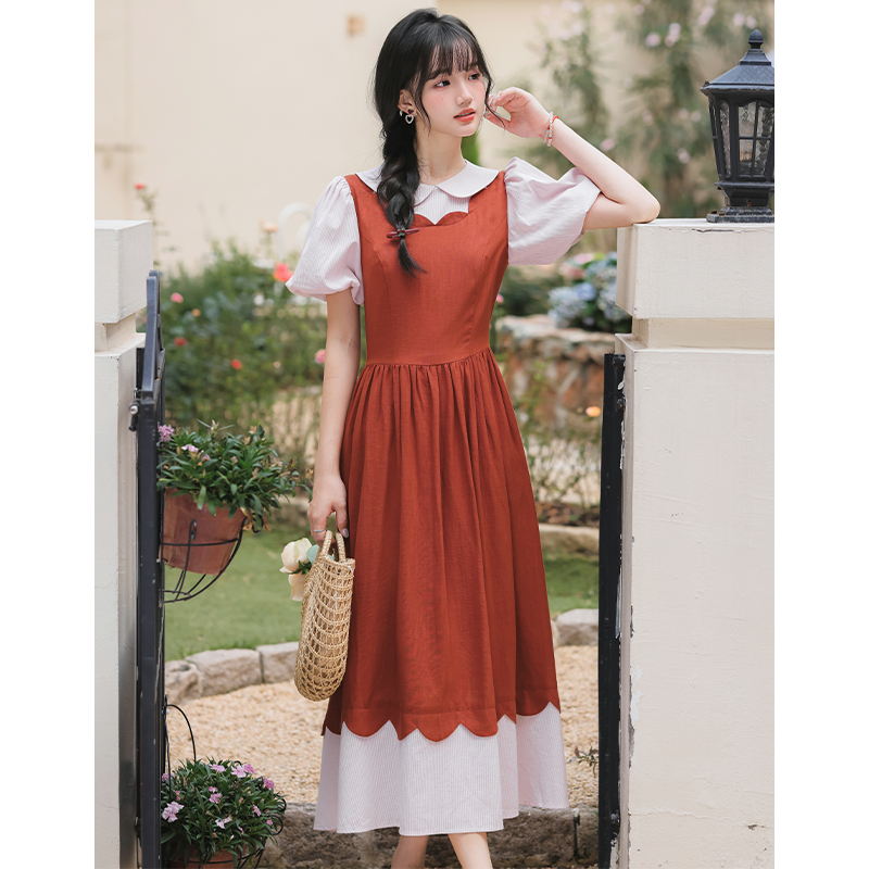 Lace art slim pinched waist bandage Pseudo-two dress