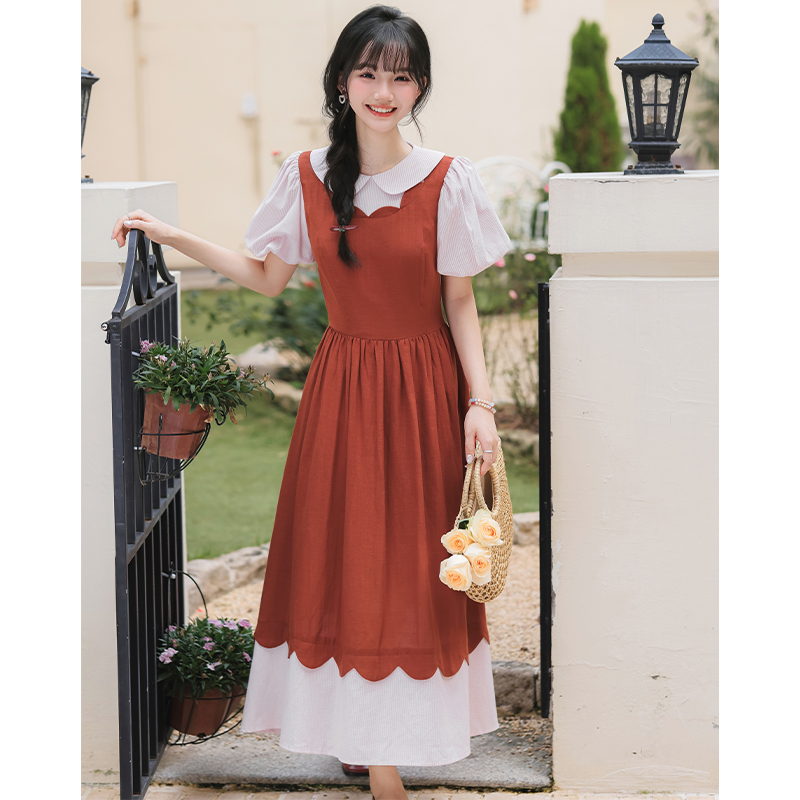 Lace art slim pinched waist bandage Pseudo-two dress