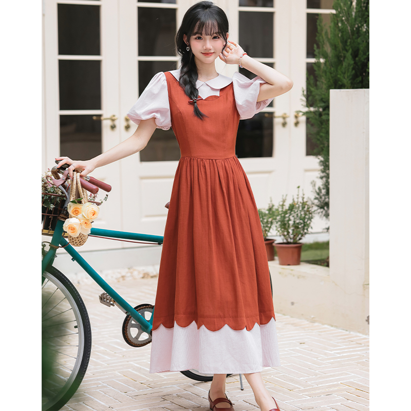 Lace art slim pinched waist bandage Pseudo-two dress
