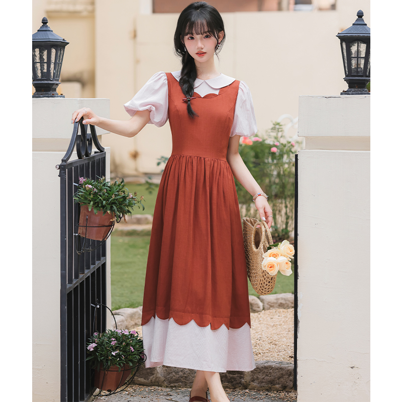 Lace art slim pinched waist bandage Pseudo-two dress