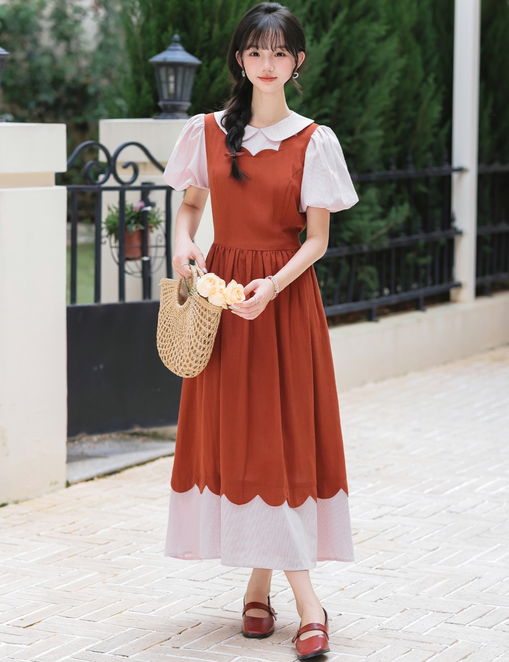 Lace art slim pinched waist bandage Pseudo-two dress