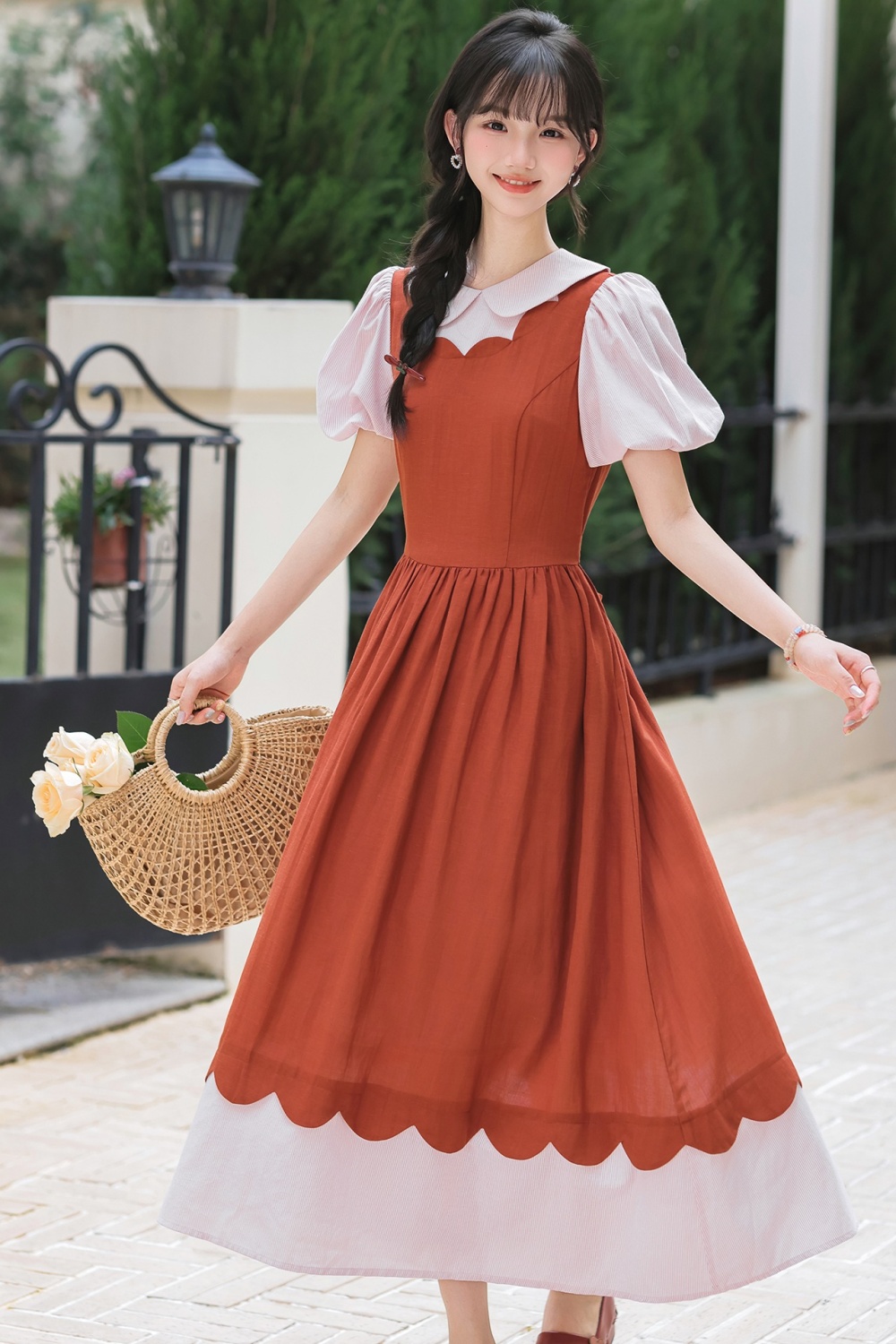 Lace art slim pinched waist bandage Pseudo-two dress