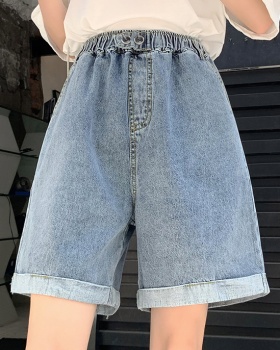Crimping high waist shorts loose wide leg jeans for women