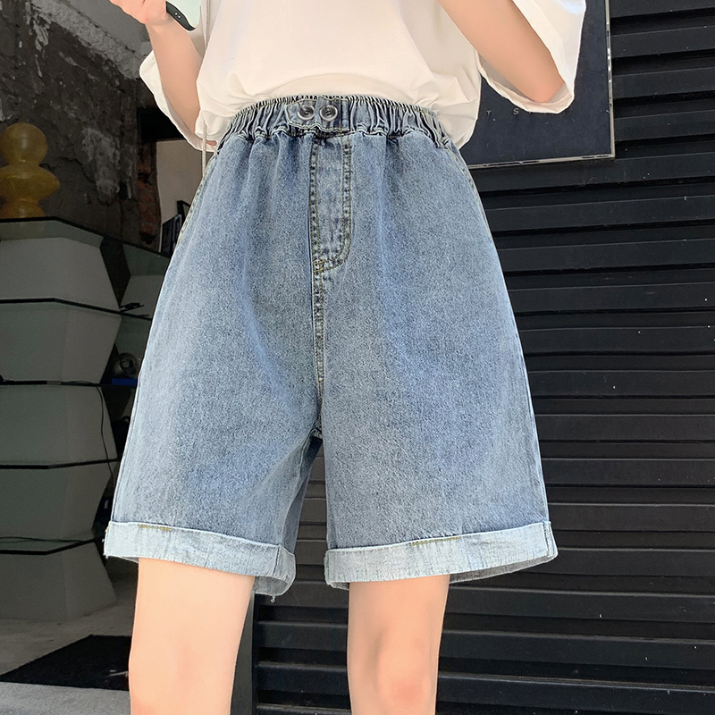 Crimping high waist shorts loose wide leg jeans for women