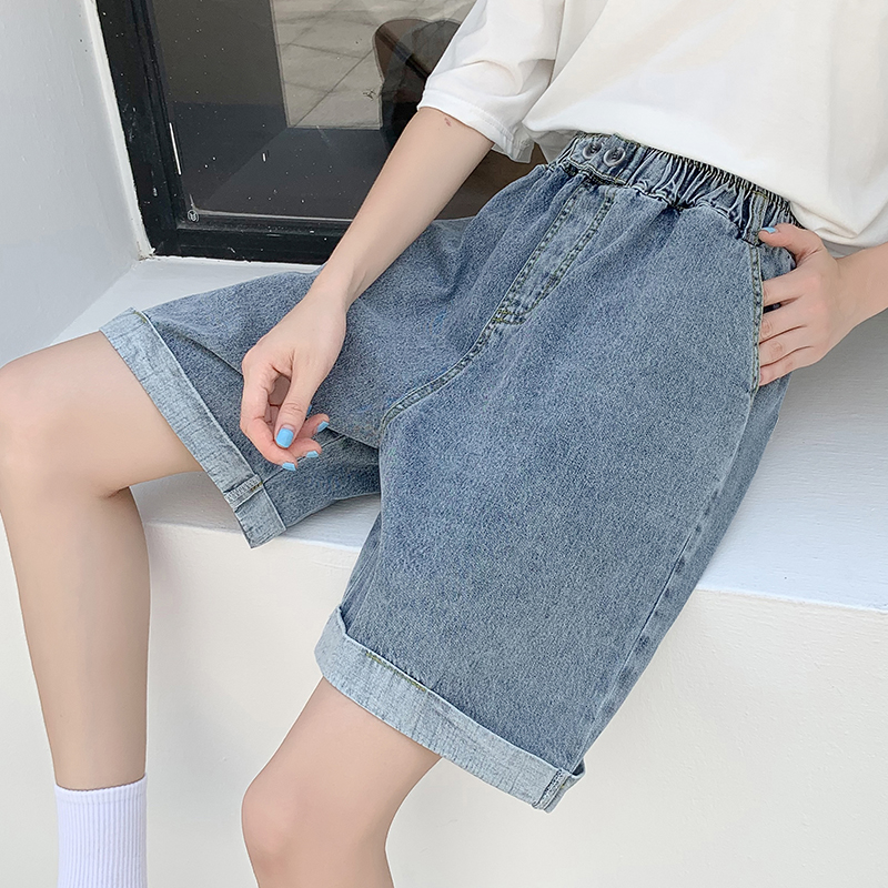 Crimping high waist shorts loose wide leg jeans for women