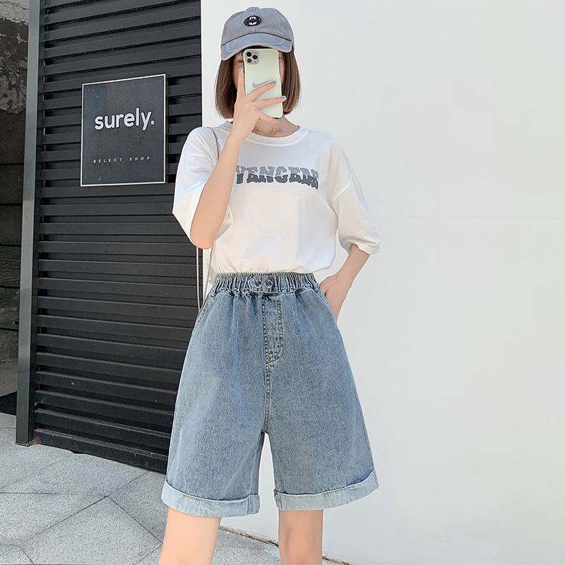 Crimping high waist shorts loose wide leg jeans for women