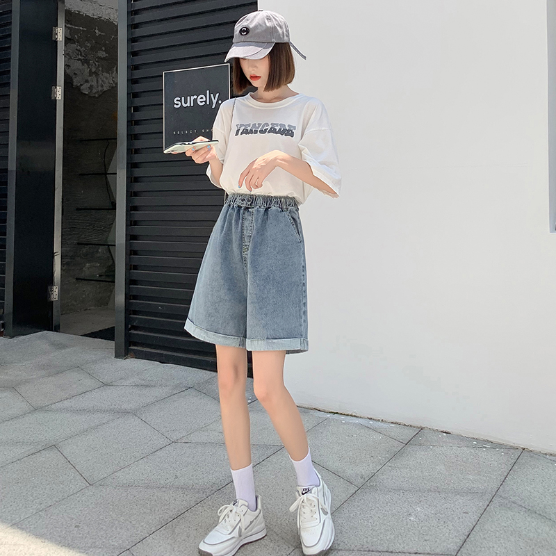 Crimping high waist shorts loose wide leg jeans for women