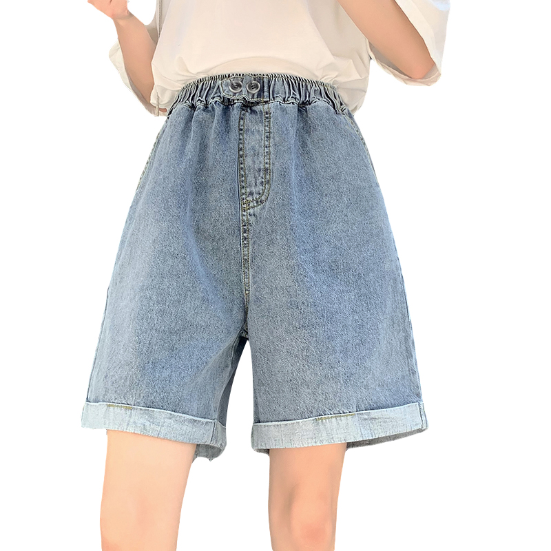 Crimping high waist shorts loose wide leg jeans for women