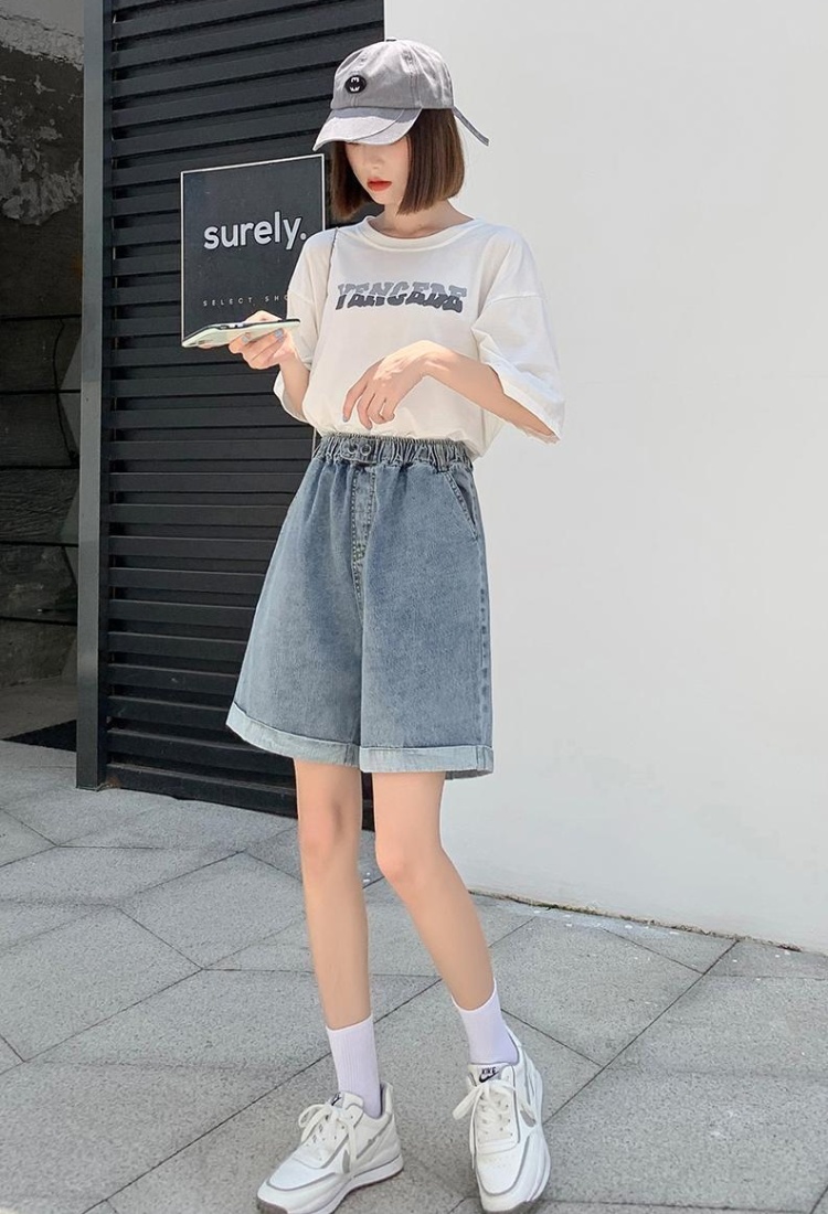 Crimping high waist shorts loose wide leg jeans for women