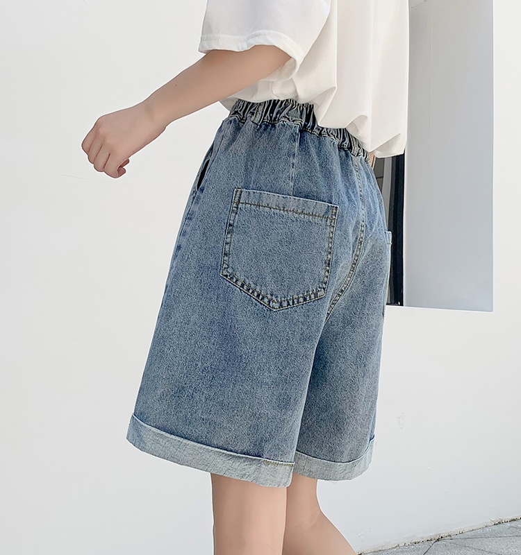 Crimping high waist shorts loose wide leg jeans for women